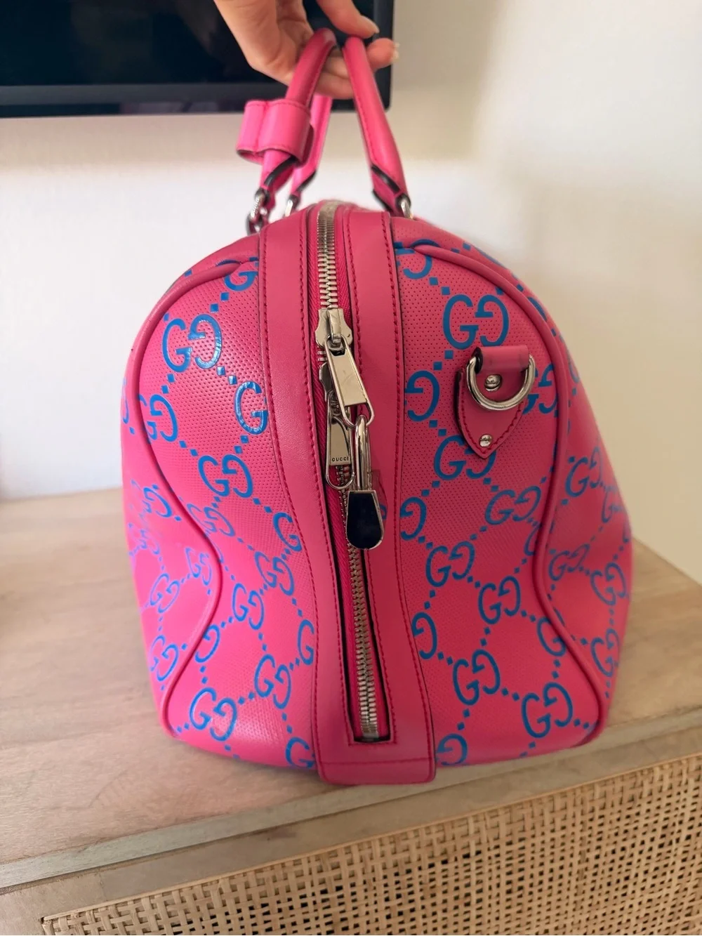 Gucci embossed Pink and Blue GG Supreme Weekender Duffel Bag
